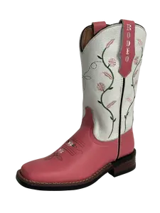 Women's Pink with Green Stems and Pink Daisy Flowers Rubber Sole Leather Boot