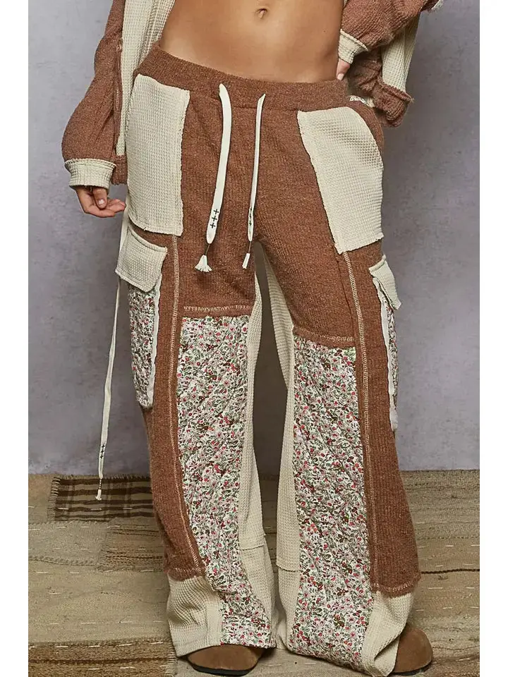 Thermal Quilted Detail Floral Knit Pants | Oat Choco
