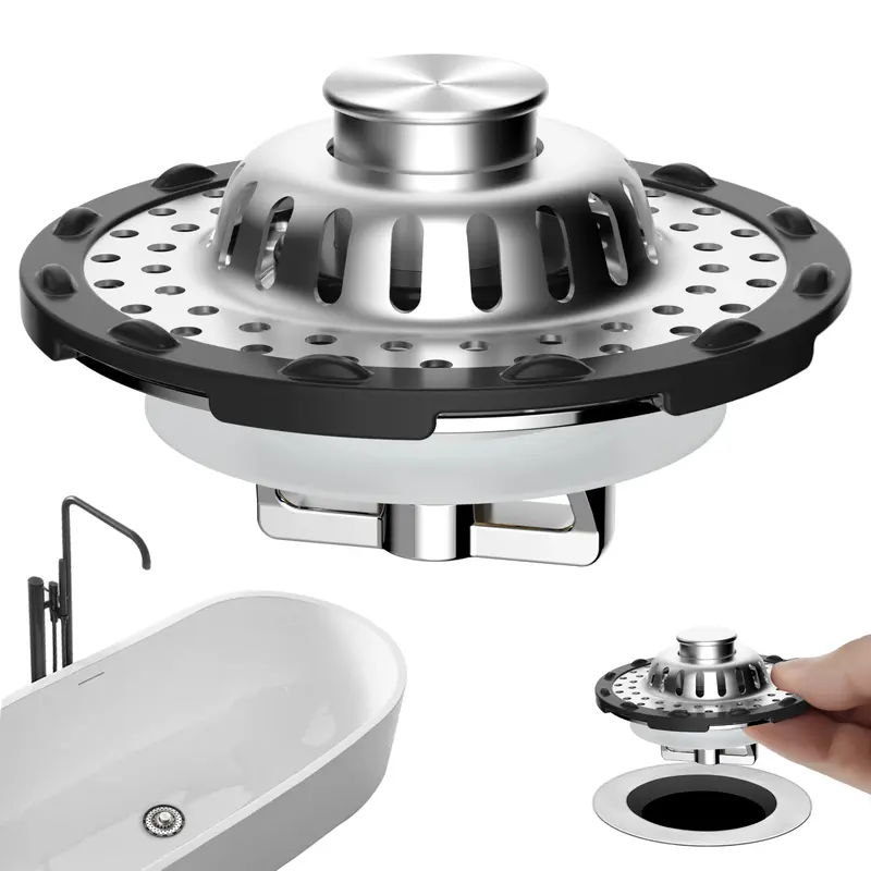 Hibbent Chrome Metal 3-in-1 Upgraded Pop-up Bathtub Stopper - Press-Fit Quick Setup, 1.5-2.4in Hole Fit, Drain Cover, Brass Anti-Clog Filter, Liftout Hair-Capturing Basket, Water Storage + Quick Drain, Low-Maintenance, Comes with 4 Silicone Rings