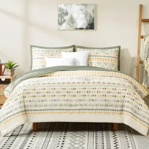 Size Comforter Set, Boho Bed in a Bag 7 count Bedding Set,Olive Green Reversible Aztec Design with Soft Microfiber, Lightweight, Warm and Breathable (, 102x90 Inches)