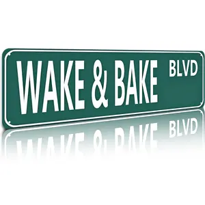 Wake & Bake BLVD Street Sign 16x4 Inch Aluminum Metal Sign - Funny Stoner Wall Decor for Kitchen, Dorm Room, Man Cave, Smoke Shop - Retro Tin Sign Gift for Cannabis Enthusiasts & Stoner Culture Fans
