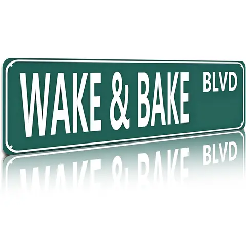 Wake & Bake BLVD Rectangle Vintage Aluminum Sign - 16x4 in Home Decor Products, American Retro Plaque, Alternative Aesthetic Bright Statement Home Signs for Cannabis Enthusiasts
