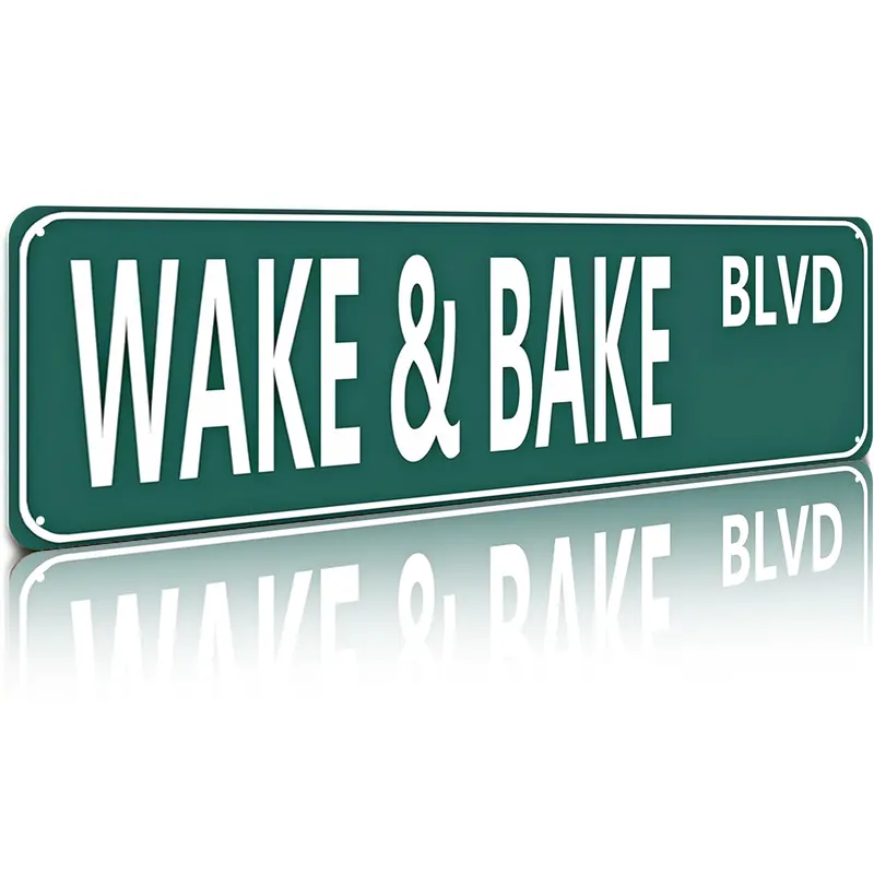 Wake & Bake BLVD Rectangle Vintage Aluminum Sign - 16x4 in Home Decor Products, American Retro Plaque, Alternative Aesthetic Bright Statement Home Signs for Cannabis Enthusiasts
