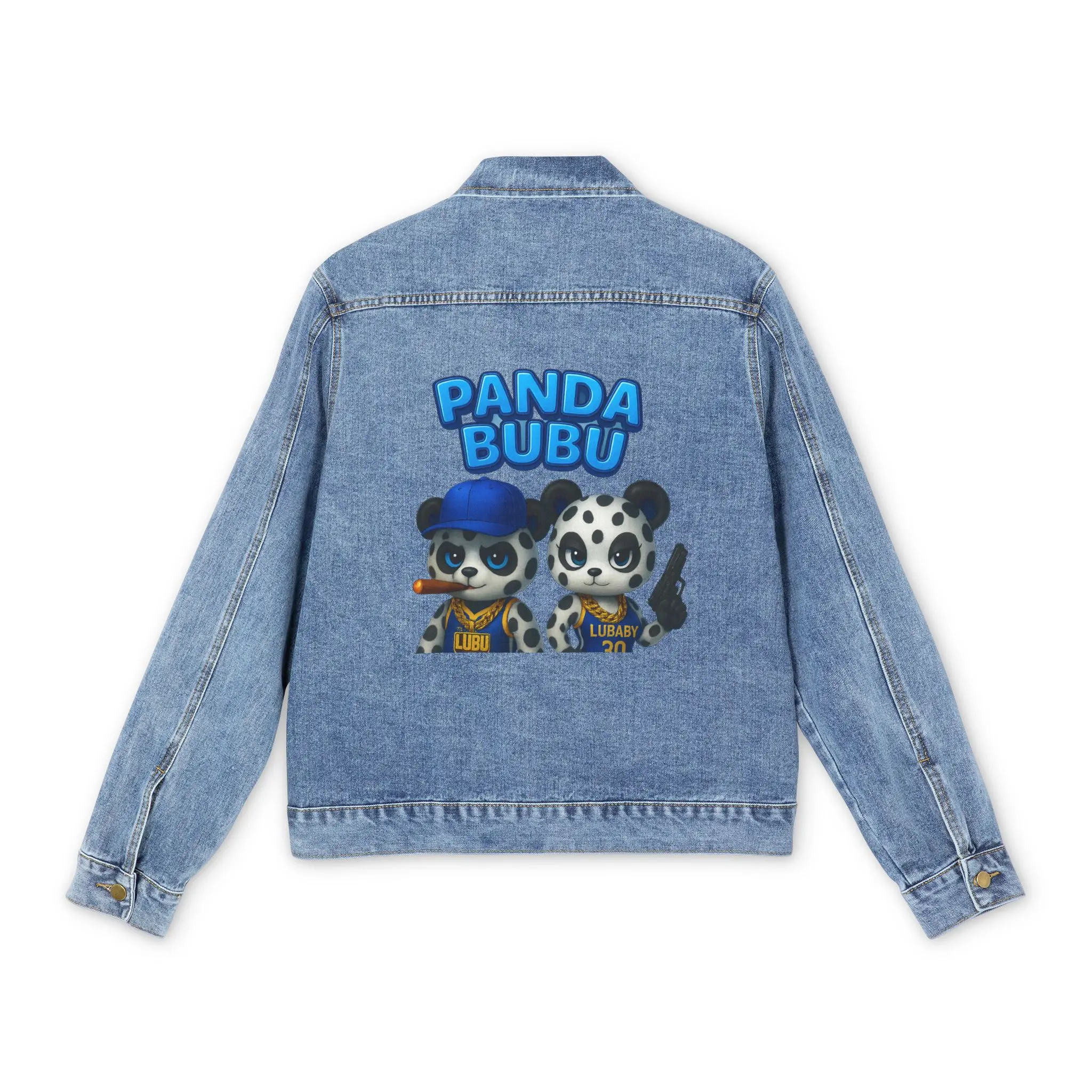 Cute Gang Twinn Lubu Denim Jacket with Panda Design, Fun Casual Outerwear, Ideal for Men, Unique Gift for Birthdays, Stylish Streetwear
