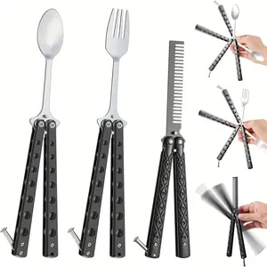 For Camping, Hunting & Outdoor Travel, Portable Tactical Tableware Solution, Folding Butterfly Fork Spoon Set, Stainless Steel Multi-function Portable, Effortlessly Handle Outdoor Tactical Portable Dining, 3 Pack