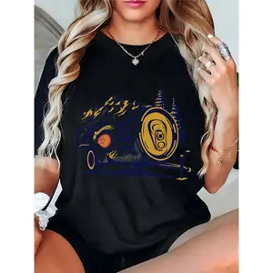 Women's Black T-Shirt with Beer Can, Mountain & Pine Tree Graphic – Casual Outdoor, Camping, Oktoberfest Party Top for Ladies 100% Cotton T-shirt