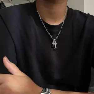 Double Cross Vintage Cross Long Pendant Necklace - Gold Stainless Steel Choker with Diamond-Encrusted Cross Pendants