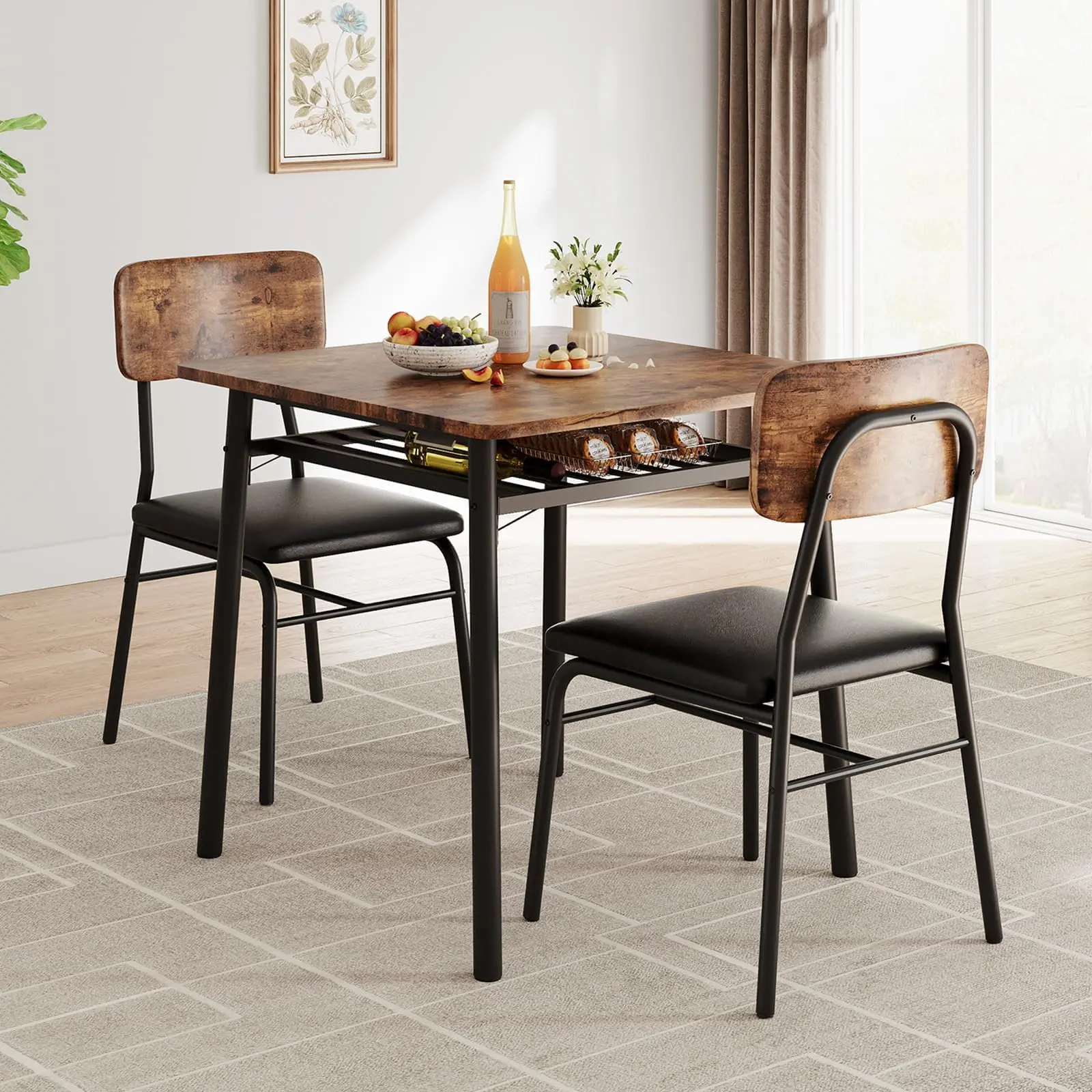 Garvee Lightweight dining table set for 2 people, including a brown kitchen table with 2 padded leather chairs, ideal for small spaces and apartments