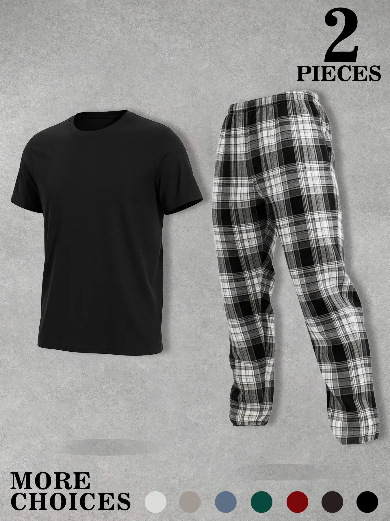 Men's Short Sleeve and Long Pants Home Set, Casual Comfortable Loose Fit Solid Color T-Shirt with Checkered Pants, Ideal for Leisure and Relaxation, Plaid