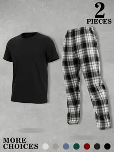 Men's Short Sleeve and Long Pants Home Set, Comfortable Loose Fit Solid Color T-Shirt with Checkered Pants, Ideal for Leisure and Relaxation, Plaid