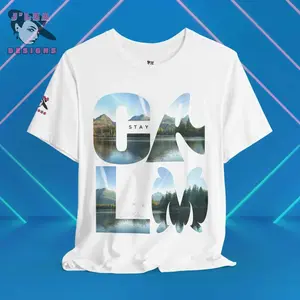J'LEA DESIGNS Stay Calm Jersey Tee Embrace Serenity Striking Typography Short Sleeve Crew Neck Casual Unisex Shirt Breathable Fabric for Summer