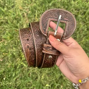 Brown tooled leather western belt