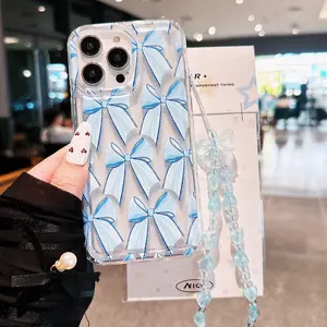 Transparent Airbag Case with Blue Bow Design, Shockproof Phone Cover with Lanyard, Gift for Friends & Family, Compatible with Multiple Iphones