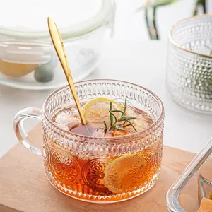 8 In 1 Vintage Glass Mugs Set Sunflower Hobnail With Bamboo Lids Spoons Yogurt Oatmeal Breakfast Bowl Hot Cold Drinks Home Decor Gift Idea