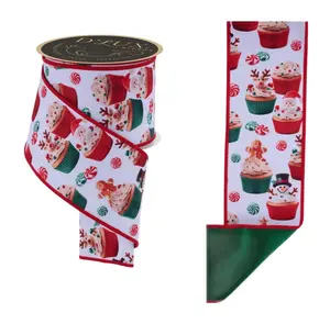 4" x 10yd Christmas Cupcakes Fused D'Lux Ribbon – White/Red/Emerald