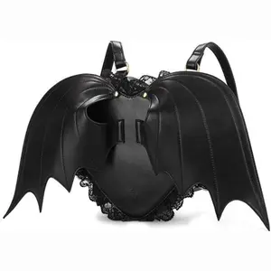 Fashion Girl Gothic Black Bat Heart Wings Backpack Goth Punk Lace Wing Ba