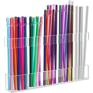 9.5-Inch Large Acrylic Straw Holder, Reusable Adhesive Wall Mount Storage Rack, Clear Space-Saving Split Design Adjustable Height Organizer for Cabinet Door Cupboard Countertop Small Kitchen Accessories