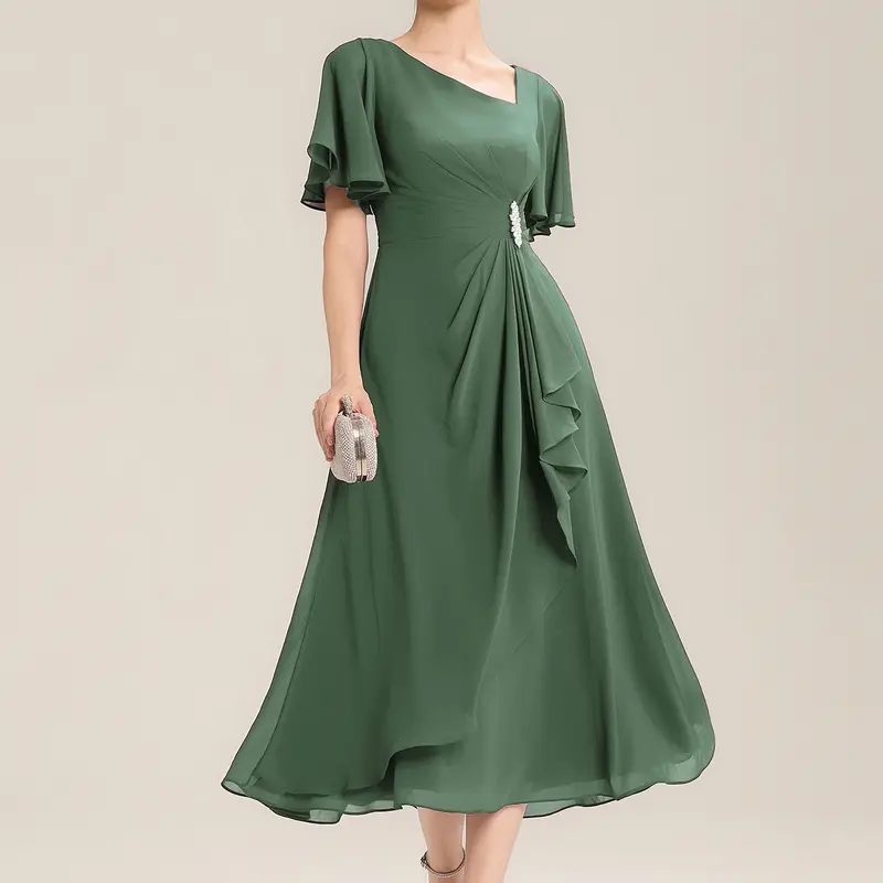 EVER PRETTY Women's Formal Chiffon Midi Dress Flutter Sleeve Tiered Skirt; Asymmetric Neckline, Waist Rhinestones, Smocked Back & Back Zipper; Lightweight, Fully Lined; Elegant Evening, Wedding Guest & Holiday Occasion