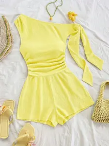 Women's Asymmetric One-Shoulder Romper, Tie Knot Shoulder Strap, Ruched Waist, Crinkled Textured Knit Fabric, High Waist Wide Leg Shorts, Vacation Party Music Festival Date Wear, Sweet Spicy Holiday Boho Chic Style, Asymmetrical, Womenswear Fit