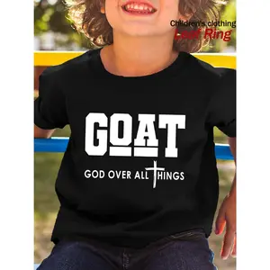 1/Children's Christian Goat God Over All T-Shirt with Cross Graphic - Pure Loose Short Sleeve Top, 10 Colors Available, Machine Washable Summer Casual Style for Boys and Girls