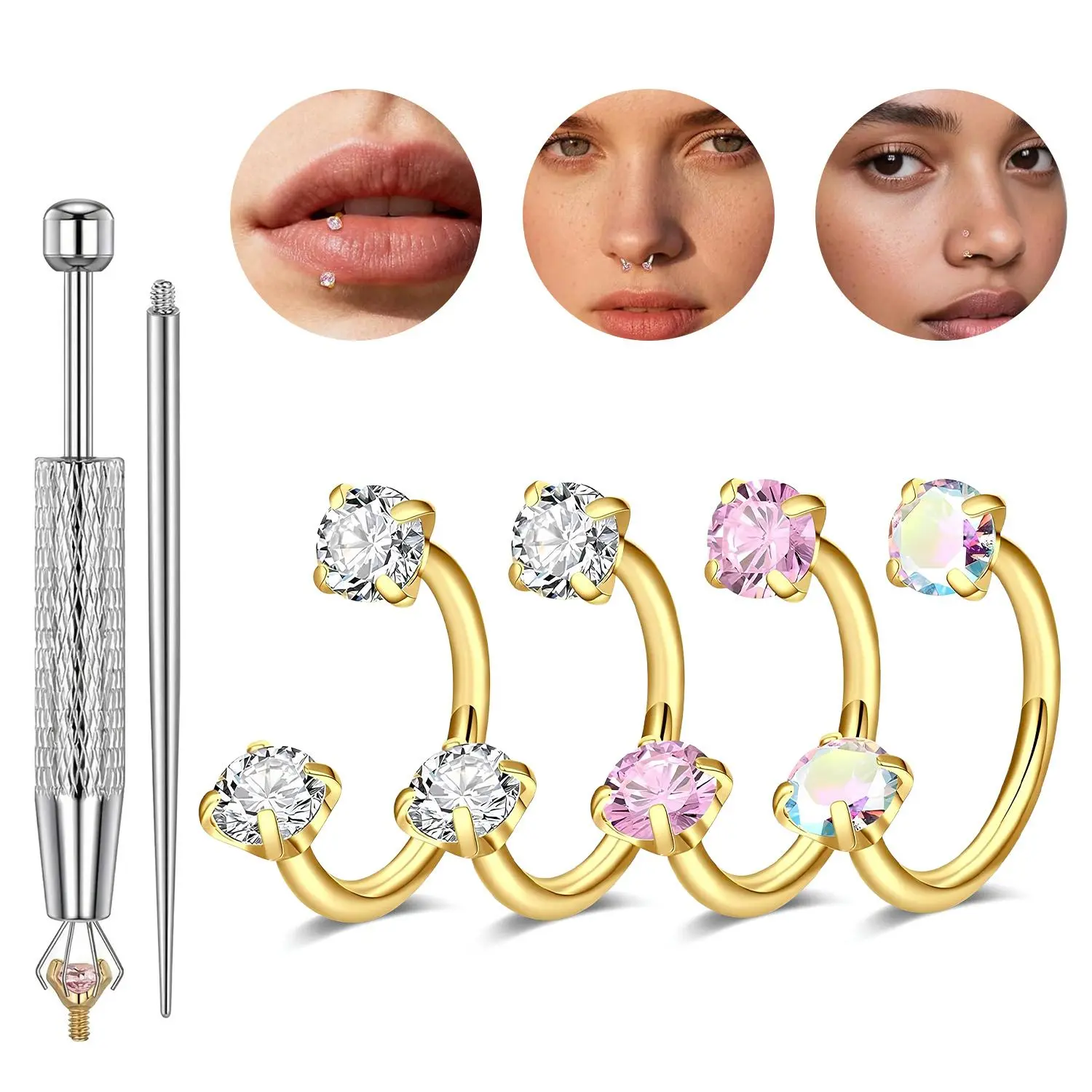 Oceantree Horseshoe Nose Ring for Women Double Gem Horse Shoe Nose Ring Hoop Surgical Steel Silver Gold Cartilage Helix Tragus Earring Hoops Labret Lip Piercing Jewelry Small Septum Rings 20g tiktokshopbacktoschool