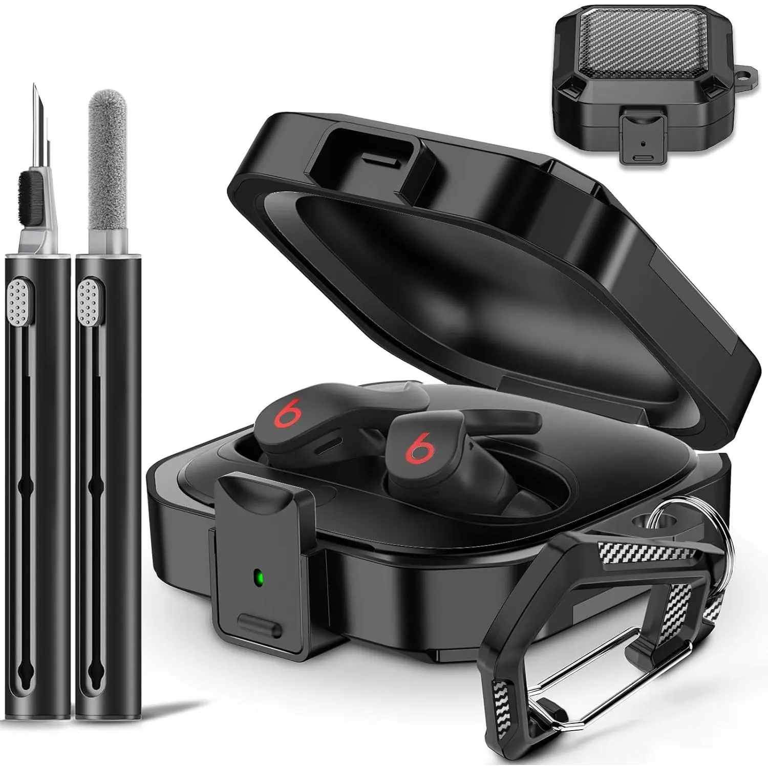 with Safety Lock Carbon Fiber for Beats Fit Pro Case Cover 2021,Shock-Absorbing Beat Fit Pro 2 Protector with Keychain/Zipper Storage Bag/Cleaner Kit - Black
