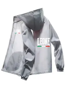 Men's Fashion Jacket with 'leone' Letter Print, Casual Fitted Design, Spring & Fall Polyester Outerwear, Hooded Zip Pockets