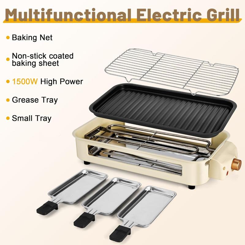 Indoor Smokeless Grill, Non-Stick Cooking Removable Plate1500W, Dishwasher Safe, Suitable for Grilling, Roasting &Frying
