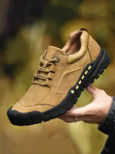 Men's Low-Top Hiking Outdoor Shoes, Simple Solid Color Lace-Up Design, Comfortable Soft Rubber Sole, All-Season Outdoor Adventure Boots