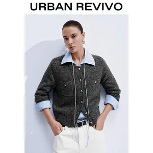 URBAN REVIVO Women's Regular Cut Knitting Clothes, Casual Elegant Winter Longsleeve Cardigan Top with Patch Pockets, UWM950106