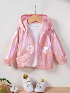 Toddler Girl's Solid Zip Up Hooded Jacket Without Tee, Fashionable Long Sleeve Windproof Outerwear For Spring & Fall, Casual Comfy Girl's Clothing For Daily Wear, Shiny Coat, Solid Color Jacket, Zip Up Coats