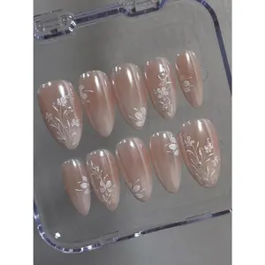 Bridal Pearl Press On Nails, White Floral Wedding Fake Nails, Glazed Donut Chrome Custom Gel Nails,  Hand Painted Flowers Coquette Gel Nails