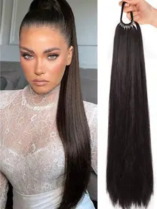 Ponytail Extension Yaki Straight Ponytail Extension With Versatile Elastic Bands 24inch Synthetic Pony tail Extension Warp Around Pony Tail for Women Synthetic Extensions