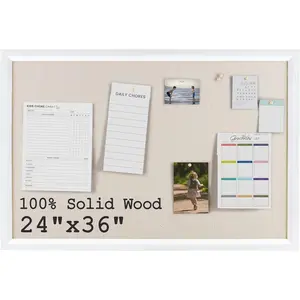 Bulletin Board Cork Board with Linen,   Framed 24" x 36" Bulletin Board Decorations, Pin Boards for Walls, Wall Mounted Fabric Picture Board with 10 Pushpins for School,  & Office, White