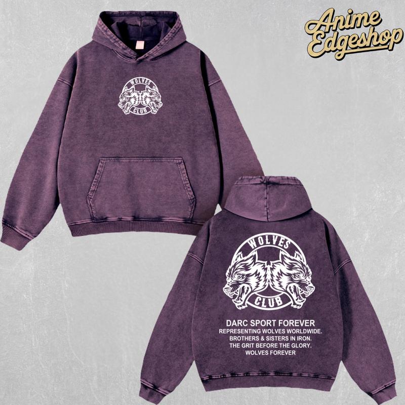 Wolves Club Darc Sport Washed Hoodie & T-Shirt | Heavyweight Vintage Streetwear, Retro Wolf Gym Graphic Tee, Brotherhood Iron Family Gift for Fitness & Hiphop Fans Menswear Thick Tops