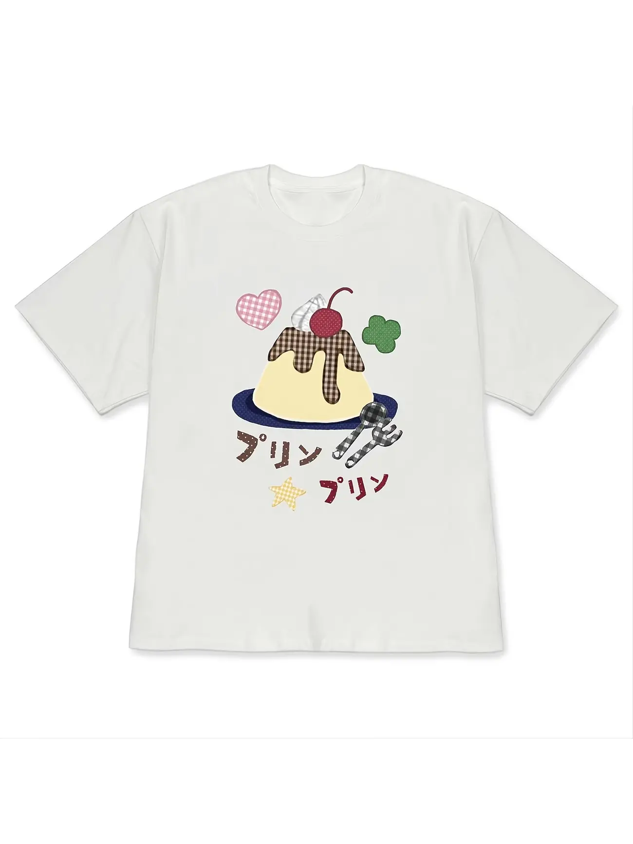 Women's Japanese‑Style Pudding Print Loose Drop‑Shoulder Short‑Sleeve T‑Shirt, Plaid Patchwork Cute Summer Outfit