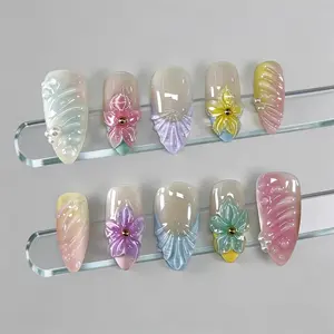 New Spring Summer Almond Shape Nail Art, Medium Glossy Finish, Reusable Press-On Nails, Removable False Nails, Perfect for Daily Commute, Dates, Parties, Weddings, Flower Nails