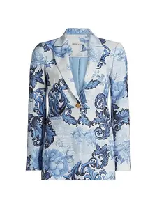 Women’s Blue Floral Print Blazer Suit Set – Elegant Single-Breasted Jacket & Matching Pants