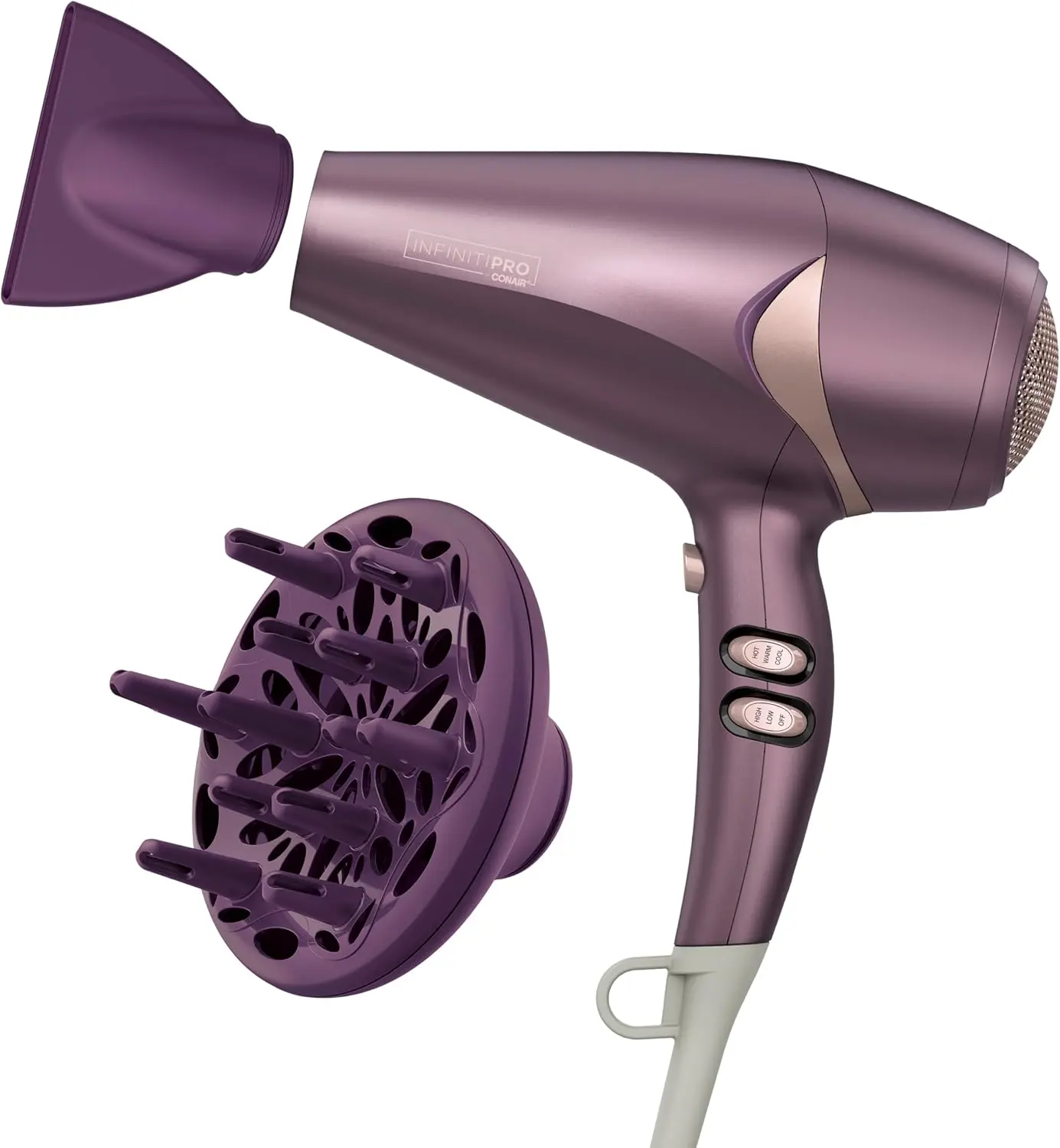 CONAIR Infiniti PRO Style & Shine Hair Dryer with Diffuser and Concentrator, 1875W Style & Shine Blow Dryer with Tourmaline and Ionic Conditioning to Fight Frizz, 3 Heat & 2 Speed Settings, Purple