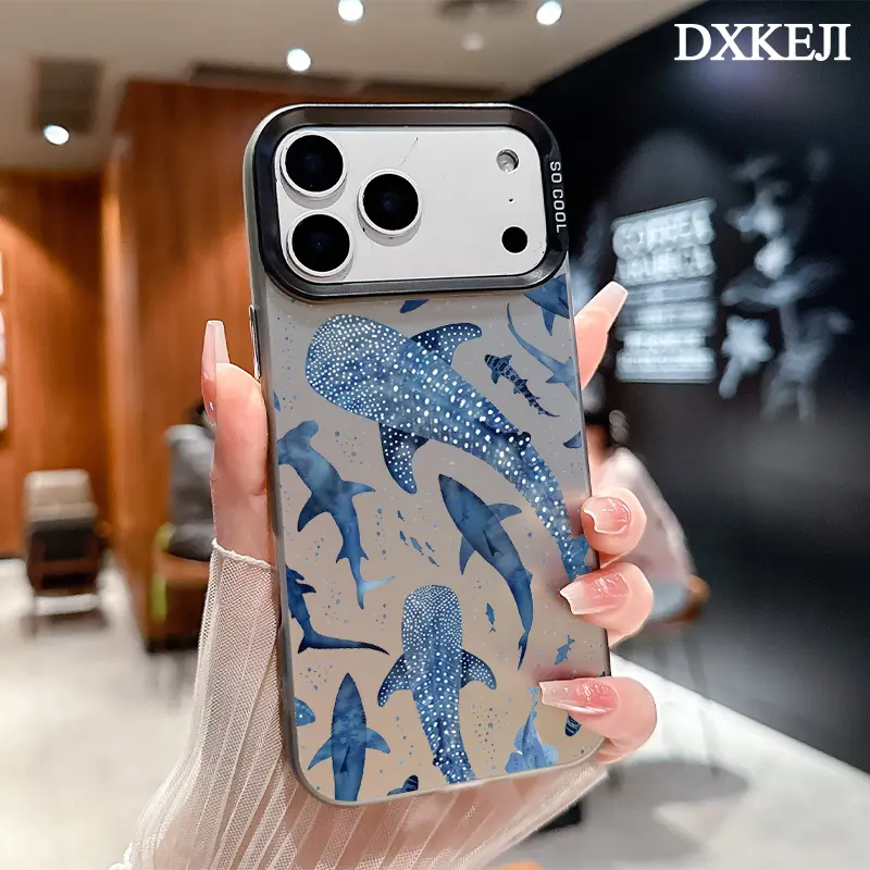 Monochrome blue watercolour shark ocean Pattern Trendy Phone Case for iPhone 17 16 Pro Max 15 Plus 14 13 12 11 Air Plus Shockproof Anti-Scratch Durable TPU Back Protective Cover Cellphone Casing