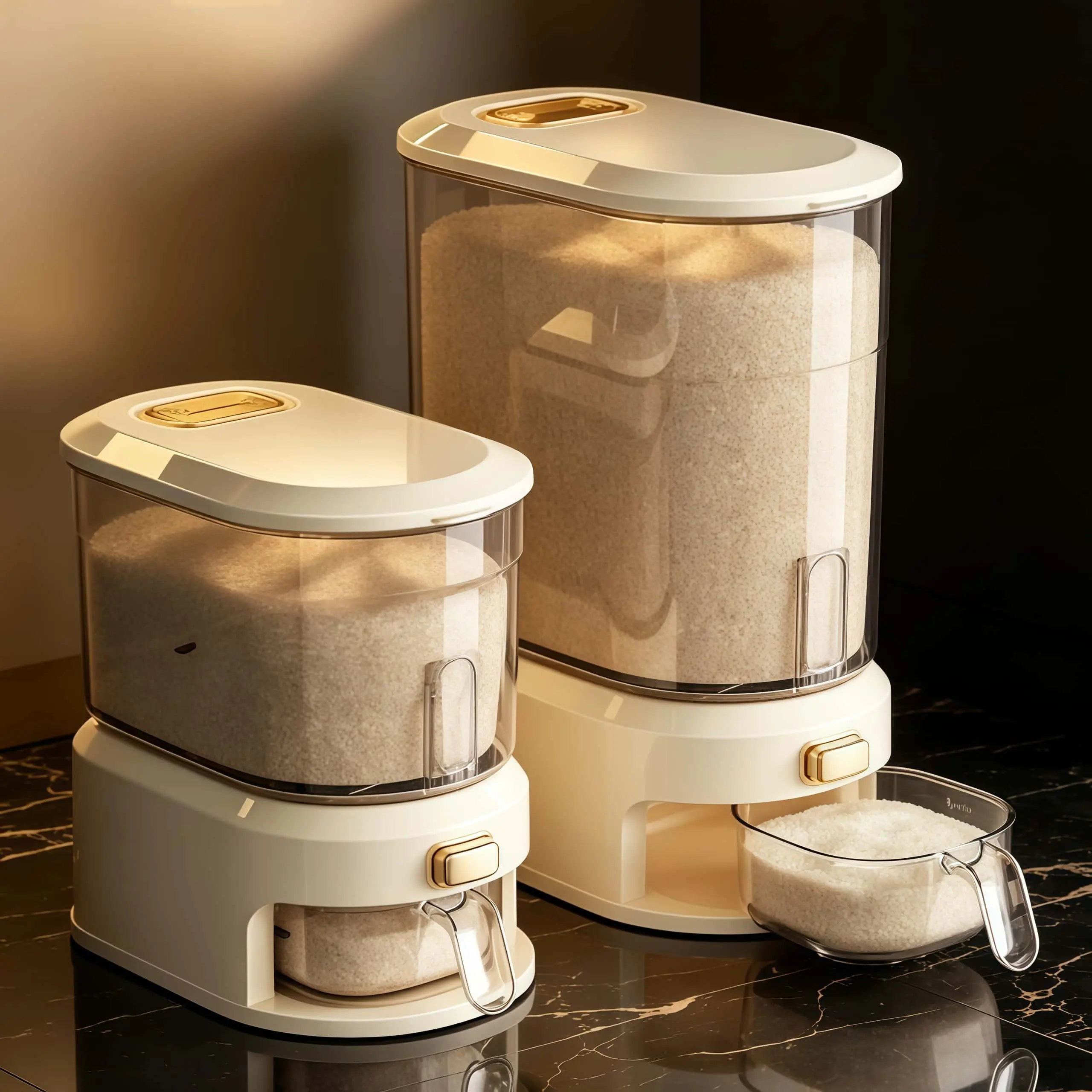 GOLDSNAKE spenser Airtight Rice Storage Container Large Capacity One Touch Quantitative Dispense Moisture Insect Proof Grain Bin Wide Refill Lid Space Saving Kitchen Pantry Organizer Rice Flour Cereal Beans Household Food Storage Bucket W Measuring Cup