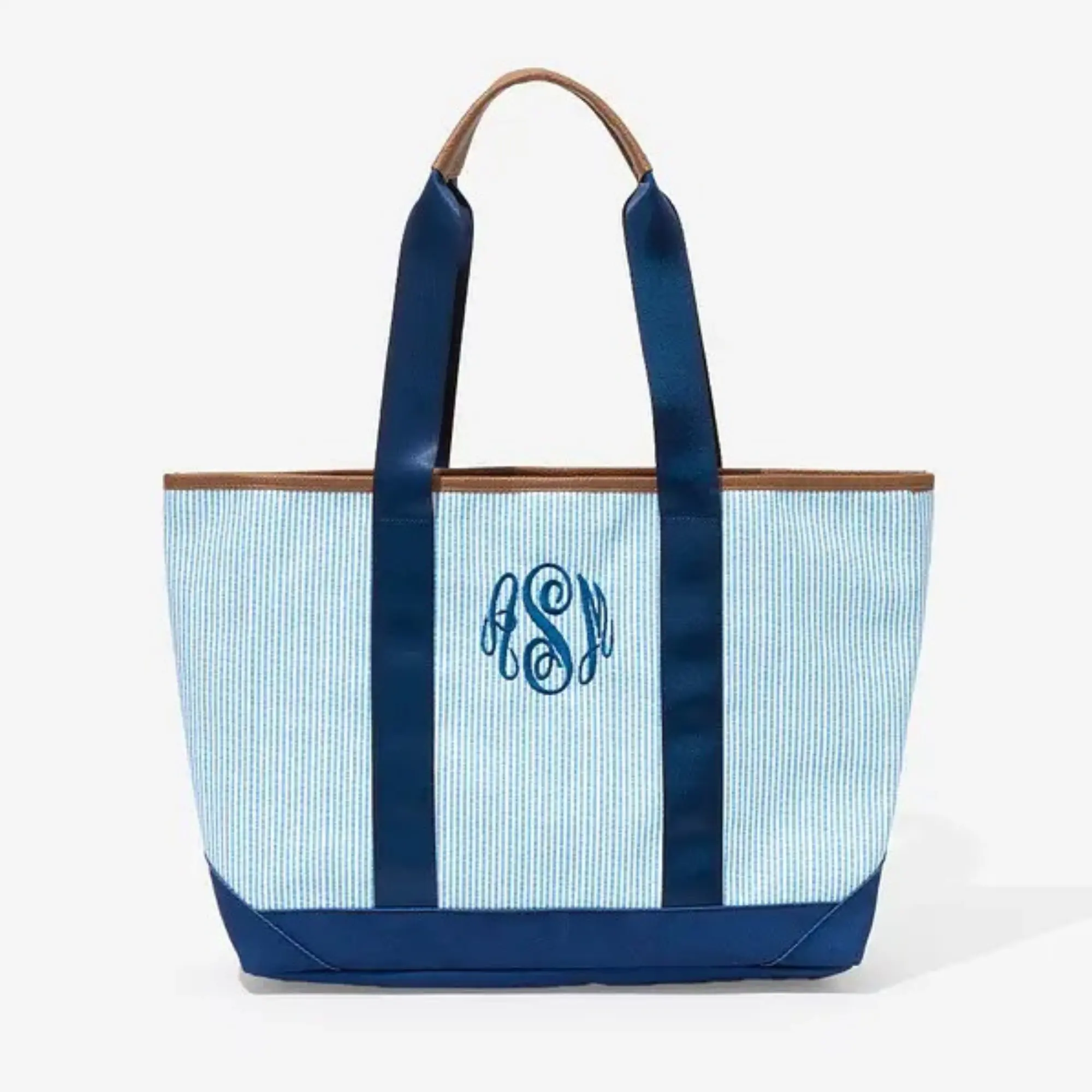 Monogrammed Boat Tote - Blue and White Striped Design with Navy Handles and Monogram Embellishment