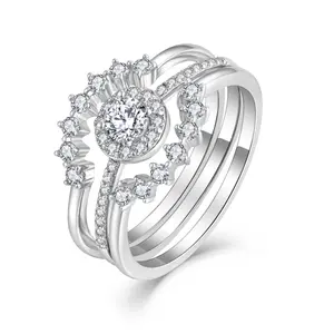 S925 Sterling Silver Women's 3 - in - 1 Halo Moissanite Ring Set, 1PCS 4mm D Color VVS1 Center Stone with Multiple Sizes Side Stones