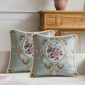 Set of 2 Blue  Euro Embroidered Throw Pillows Covers 18x18in,Blue Pillow Covers for Sofa Couch Floral Embroidered Cushion Cover for Sofa Bed Chairs