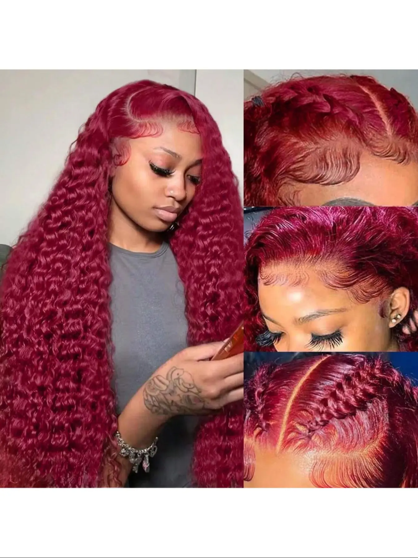 32 Inch Water Wave Human Hair Wig 13x6 HD Lace Front Burgundy Deep Wave Burgundy Red Synthetic Lace Front Wigs Deep Wave Natural  main image 2