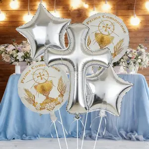 5 Pcs Silver Color Cross Balloons Set, 18 Inch Silver Lion Design, Perfect for Baptism, First Communion, Easter, Wedding Celebrations