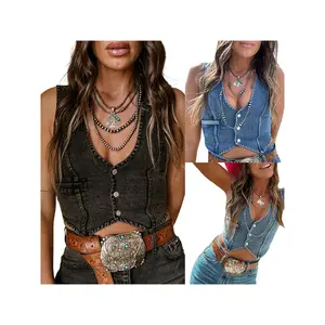 Womens Summer Cropped Denim Vest Crop Western Jean Vest Top Sleeveless V-Neck Button FrontVest Waistcoat