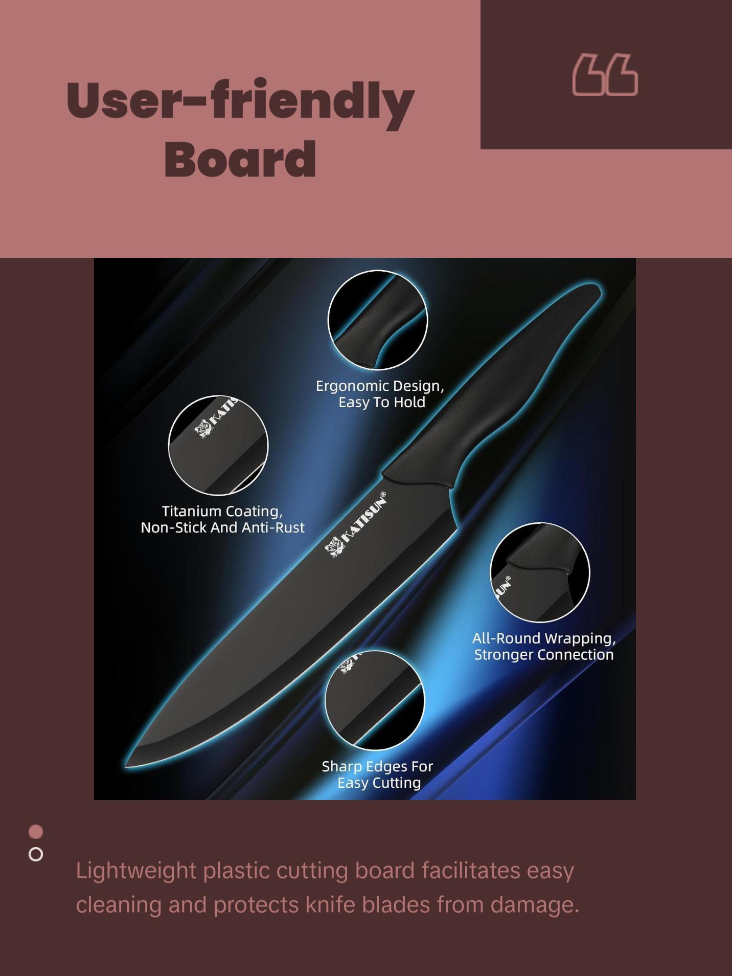 16 Pieces Kitchen Knife Block Set with Cutting Board, German Premium Quality Stainless Steel, Built-in sharpener, Dishwasher Safe, 6 Steak Knives, Anti-slip handle, Black Kitchen Knives Plastic Wooden