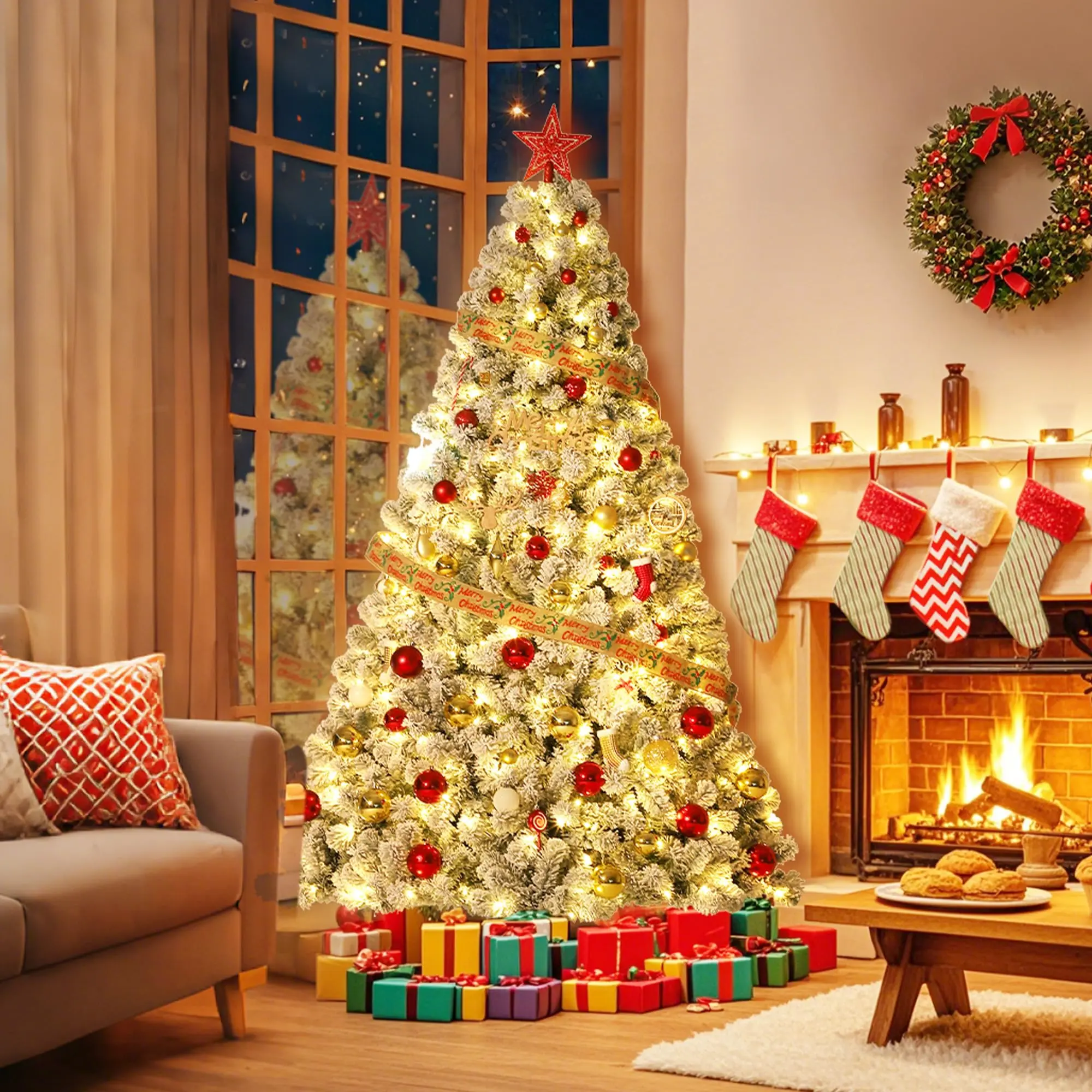 GARVEE 7.5 ft Christmas Tree, Pre-lit Artificial Christmas Tree with 450 Lights, Xmas Trees with 1050 Snowy White PVC Branches, Flodable Metal Stand＆Easy Assembly