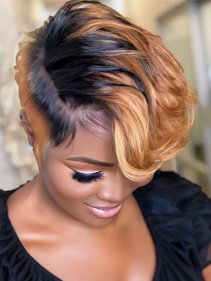 Human Hair Wig Highlight Blonde 1/30 Short Pixie Cut Wig T Part 13*4*1 Lace Front Human Hair Wig Halloween Party Curly Bob Wig